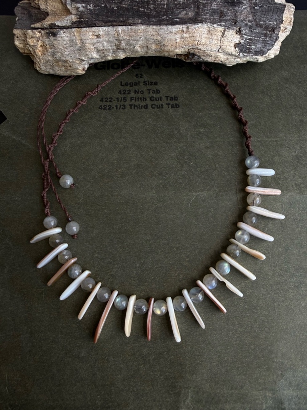 Boho Tribal Labradorite And Shell Multi-Bead Spike Necklace in Neutral Tones